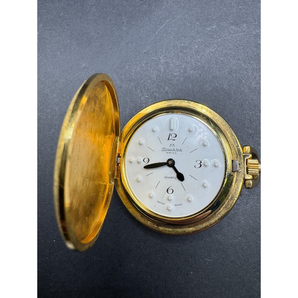 Vintage Silvana Swiss Quartz Tactile Braille Pocket Watch Gold Tone Flip Cover